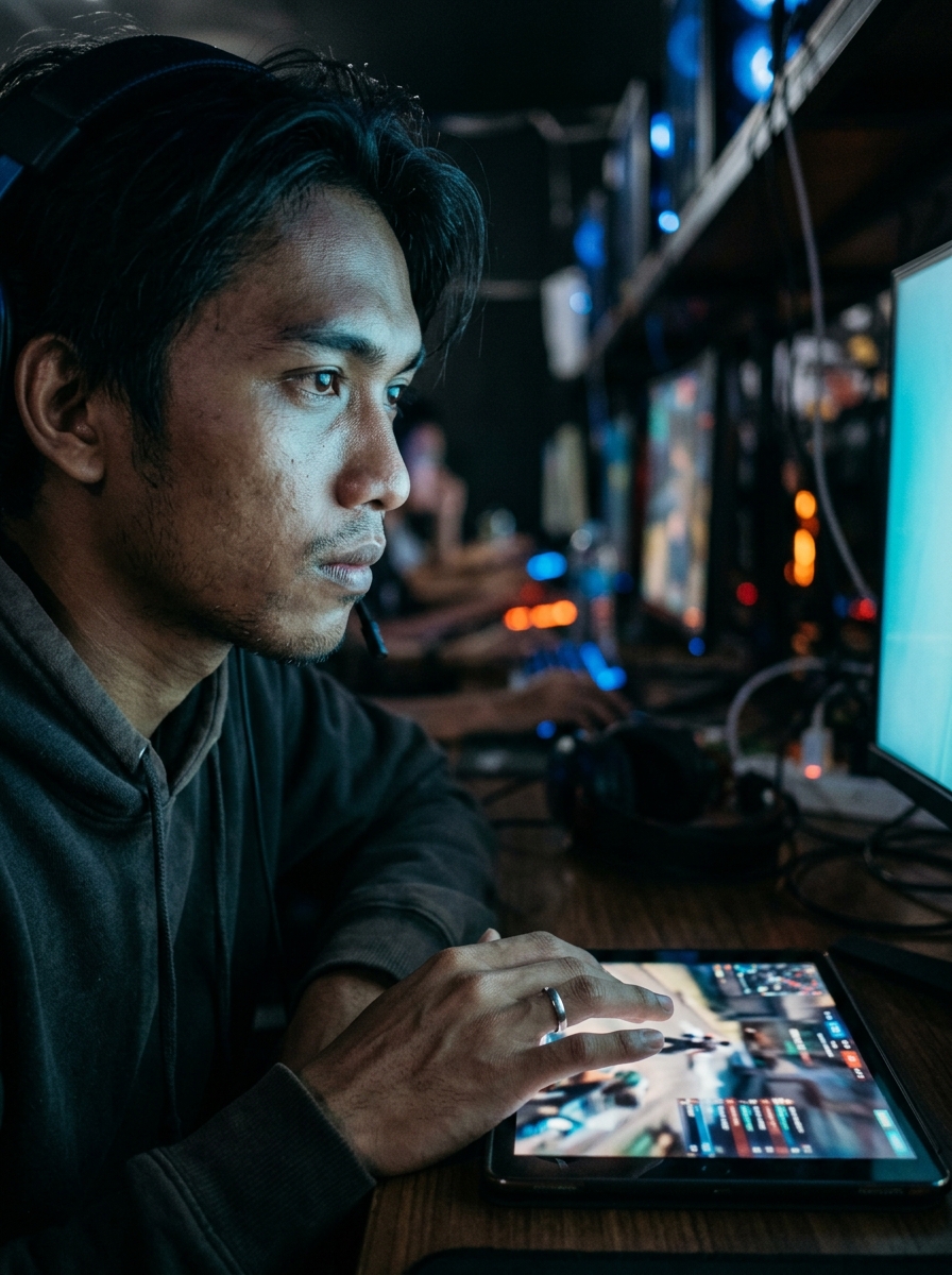 A young mobile esports player bathed in monitor glow reviews match footage between rounds at a dim LAN center, expression concentrated and worn