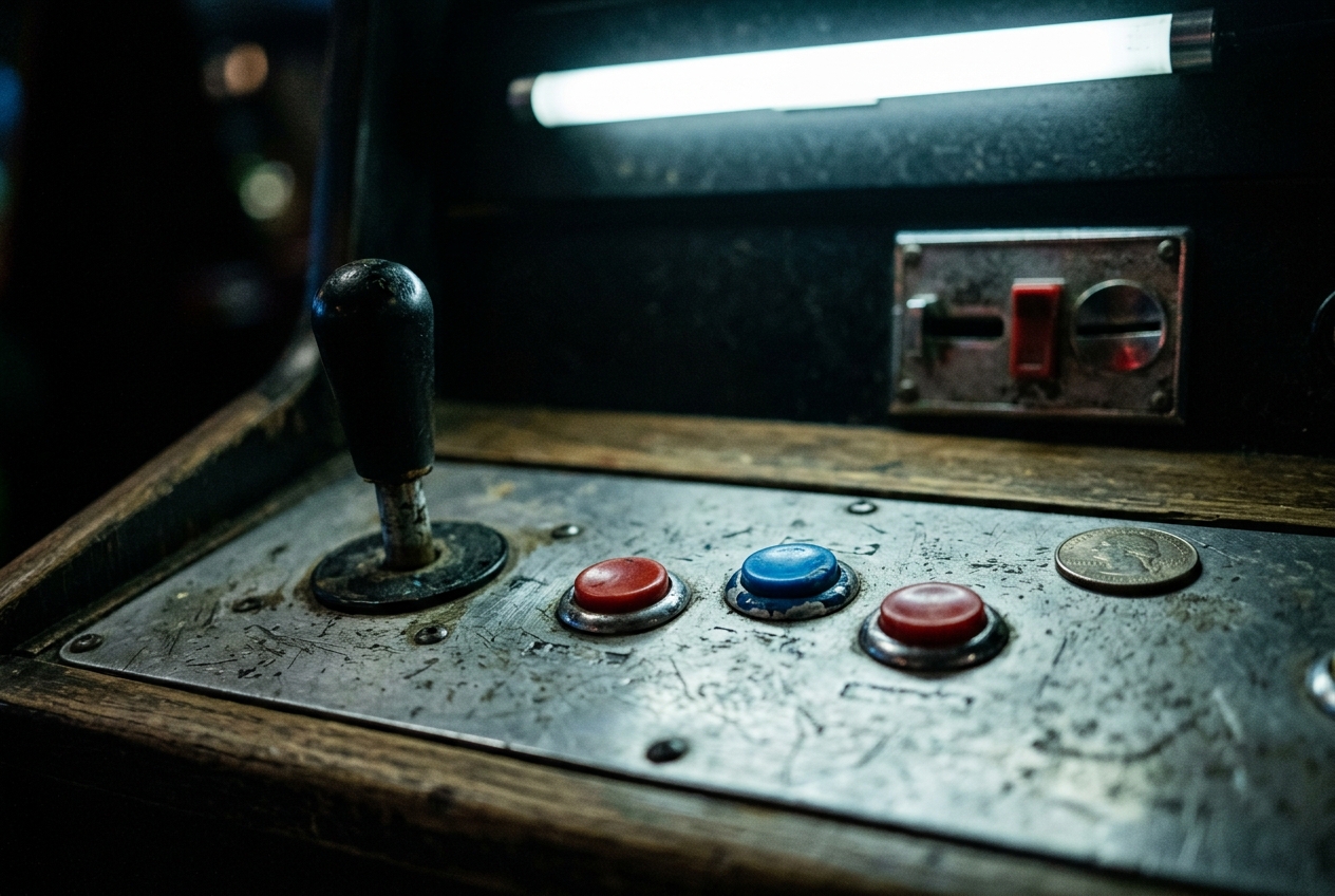 A close-up of a worn arcade control panel with joystick and buttons lit from above, a single quarter resting untouched nearby, the coin slot blurred in the background.