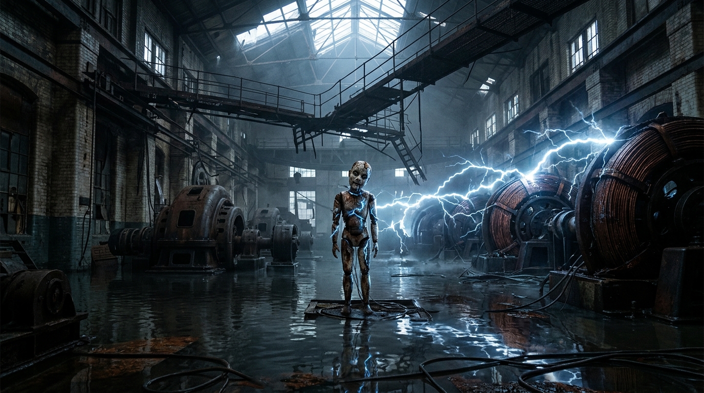 A corroded electrically charged puppet stands motionless in a flooded Victorian power station, blue electrical arcs crackling across iron turbines and copper coils reflected in dark water below broken catwalks