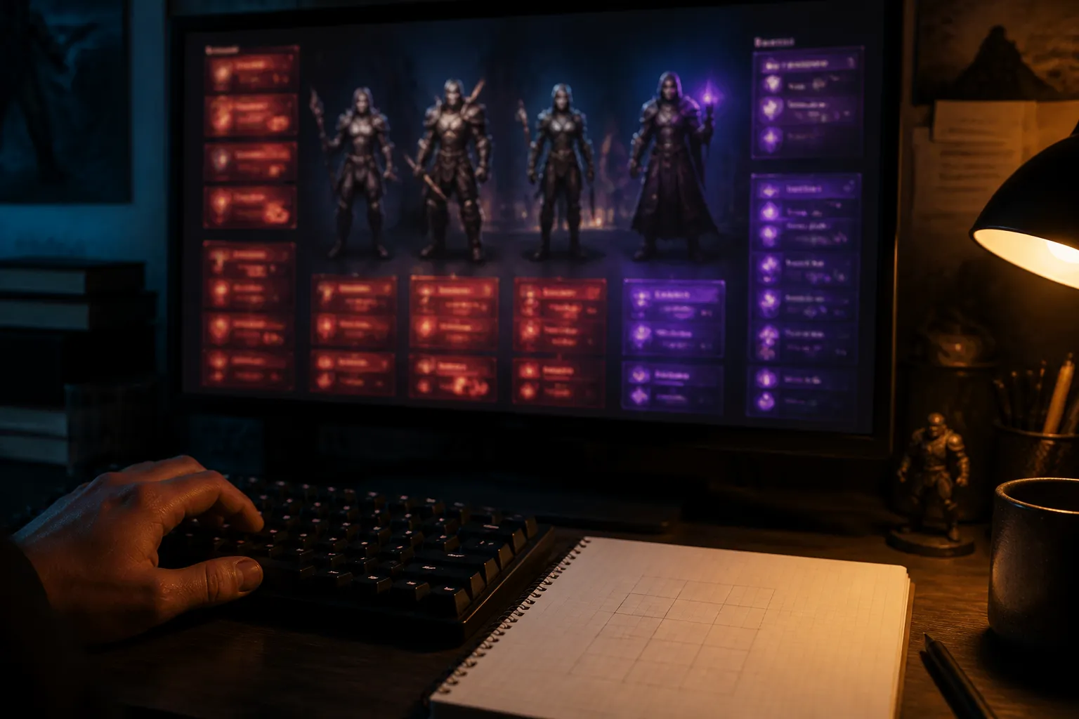 A dim desk with a glowing game team screen and a blank notepad, suggesting a synergy build that is still being worked out.