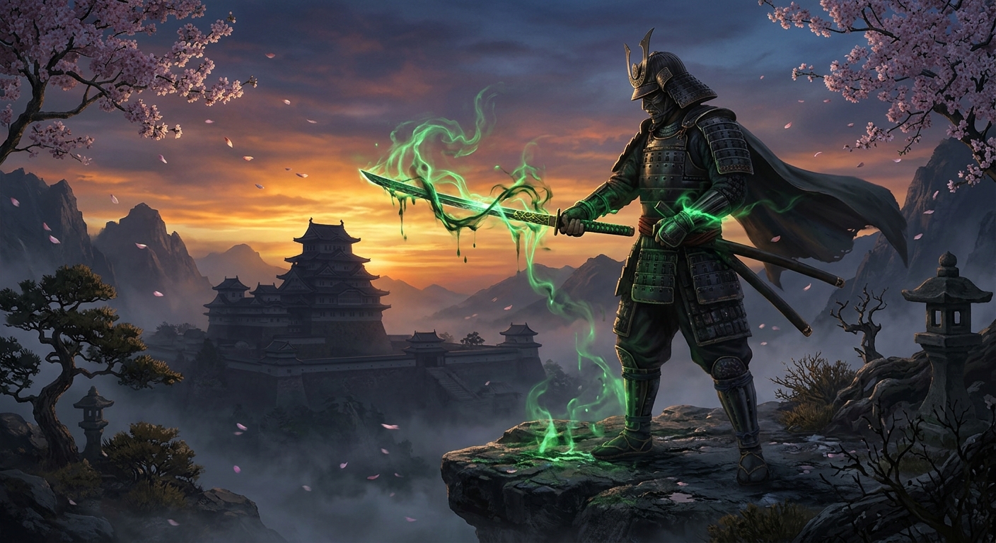 A silhouetted samurai holds a glowing supernatural sword against a dramatic twilight sky over feudal Japanese castle ruins with swirling green demonic energy