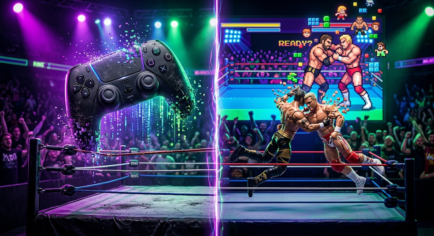 A wrestling game controller merging with a real wrestling ring under neon lights, illustrating the blurred line between video game rosters and live TV wrestling drama