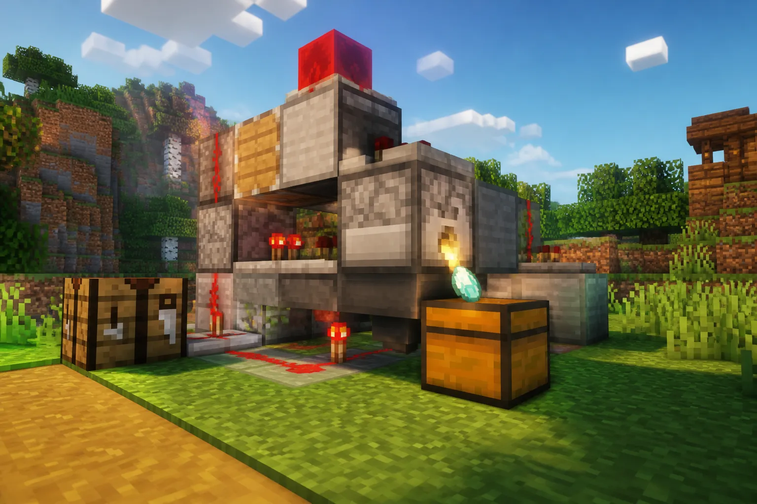 A bright, action-filled view of a compact Minecraft-style crafting station, with a crafter releasing an item as redstone paths glow toward a collection chest.