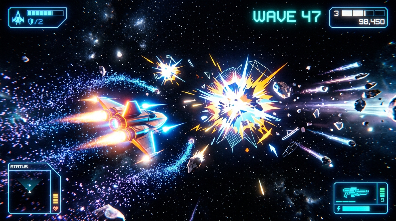 A high-wave Asteroids Remake run in progress with the player ship positioned left of center, surrounded by fragmentation debris drifting toward the right-edge spawn corridor amid bright particle explosions on a black void background.