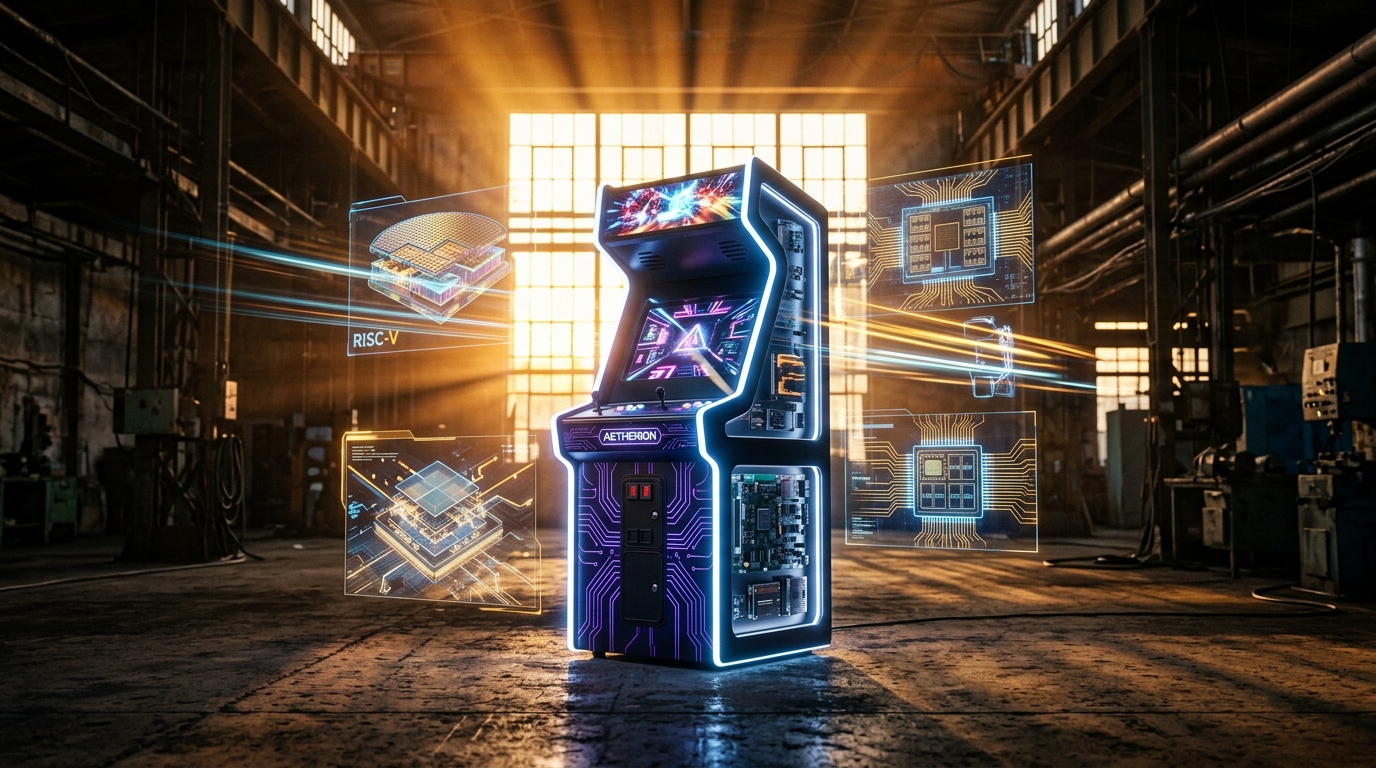 A futuristic arcade cabinet bathed in dramatic golden light stands amid glowing holographic circuit diagrams and chiplet overlays, symbolizing the next generation of arcade hardware innovation.