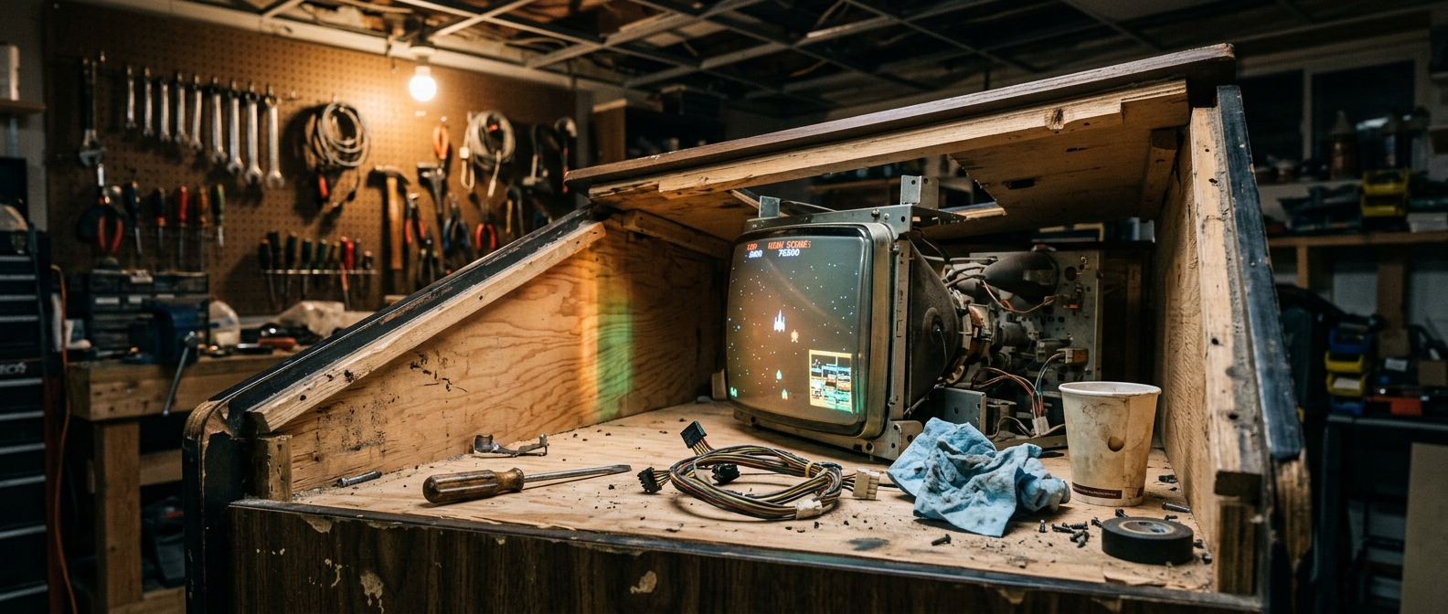 A gutted cocktail arcade cabinet with its bezel removed sits mid-restoration in a dim workshop, its exposed CRT still cycling an attract loop that washes pixelated light across the raw plywood interior.