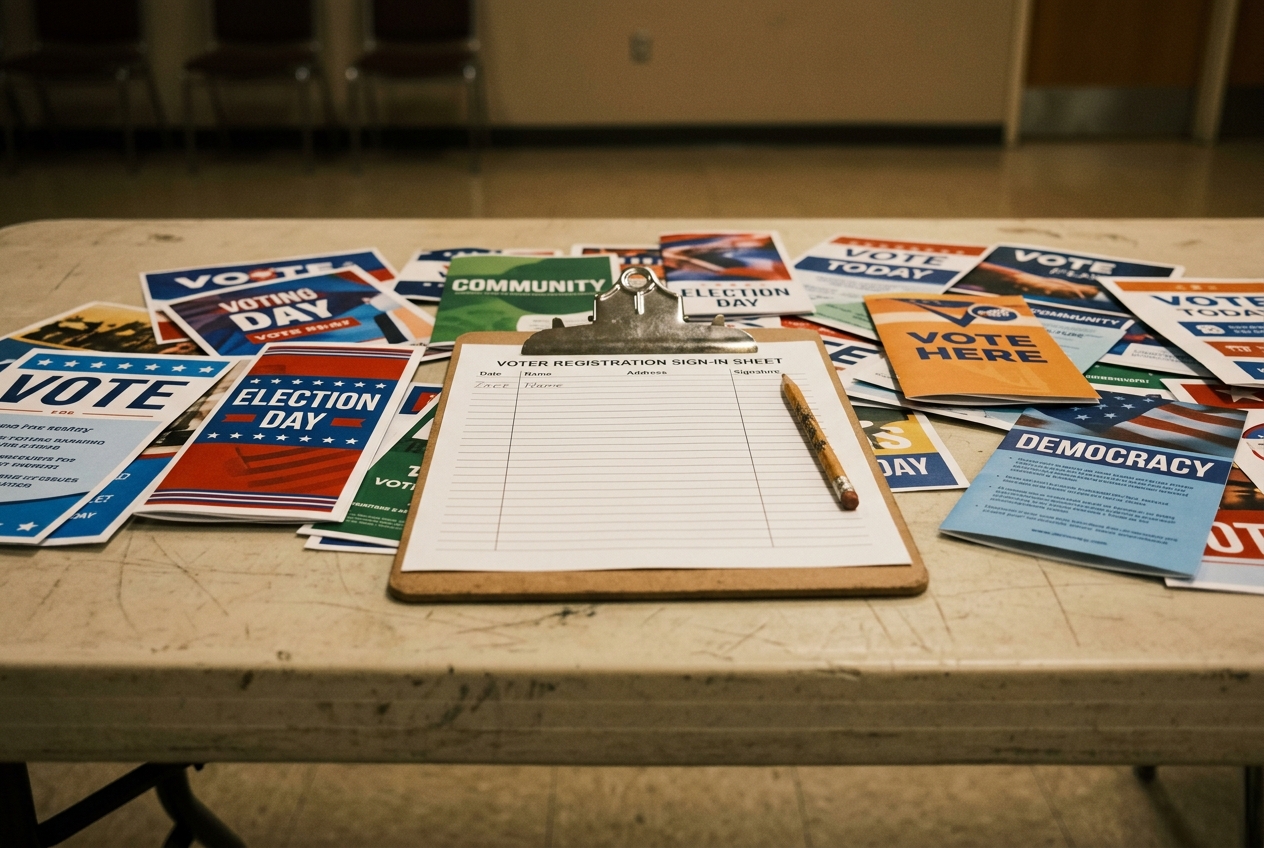 A voter-registration clipboard lies on a precinct table surrounded by overlapping campaign literature from multiple parties, shot in close, documentary style.