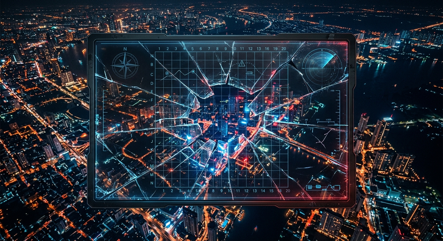 Aerial night view of glowing Southeast Asian city lights seen through a cracked tactical grid overlay with neon blue and red light emanating upward