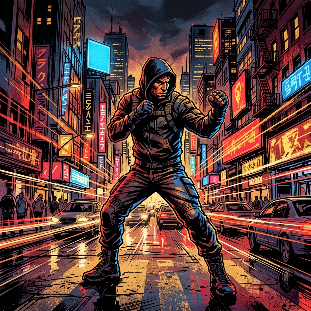 A lone fighter in a sharp combat stance against a glowing neon cityscape at dusk, rendered in bold editorial illustration style with deep shadows and vivid orange and blue tones.