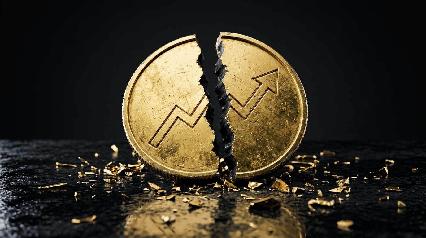 A cracked golden coin engraved with an upward growth graph splits apart on a dark reflective surface, fragments scattering outward in dramatic side lighting.