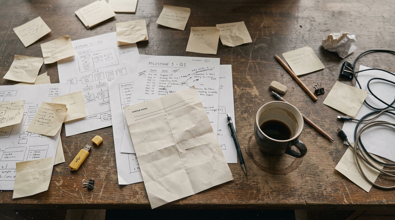 A developer's desk covered in scattered papers, post-it notes, a cold coffee cup, and a crumpled memo, lit softly in muted gray and amber tones, evoking abandonment and unfinished work.