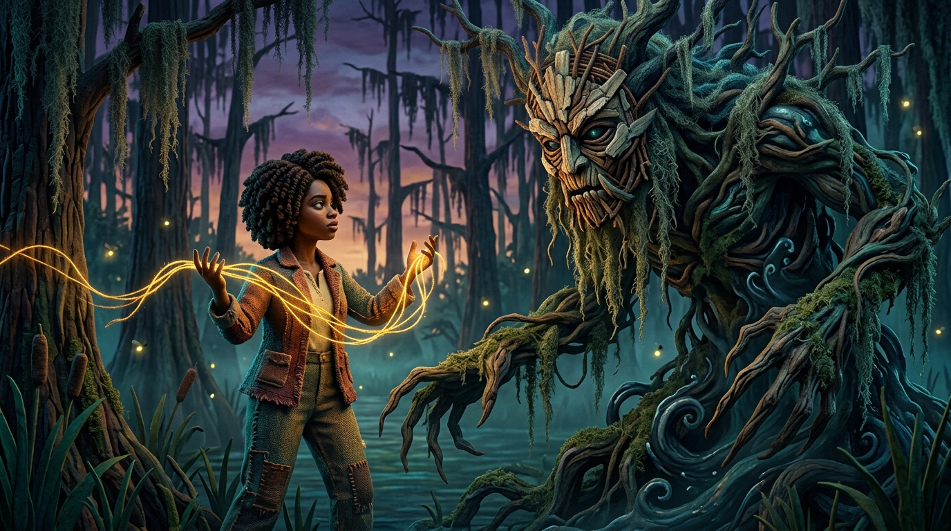 Hazel stands in a glowing-threaded stance before a massive bayou creature of roots and moss in a stop-motion-styled Louisiana swamp at dusk.