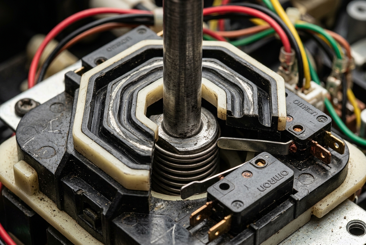 Extreme close-up of an arcade joystick's octagonal restrictor gate and microswitch cluster, showing the worn travel channels and spring pivot that give a thumb precise tactile feedback.