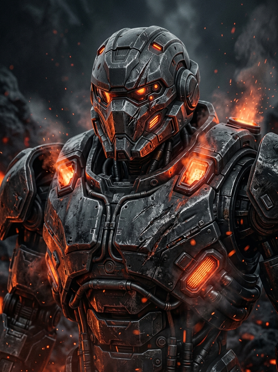 A battle-scarred mech suit with glowing orange vents and dark gunmetal armor plating, lit dramatically against an ashen atmospheric background