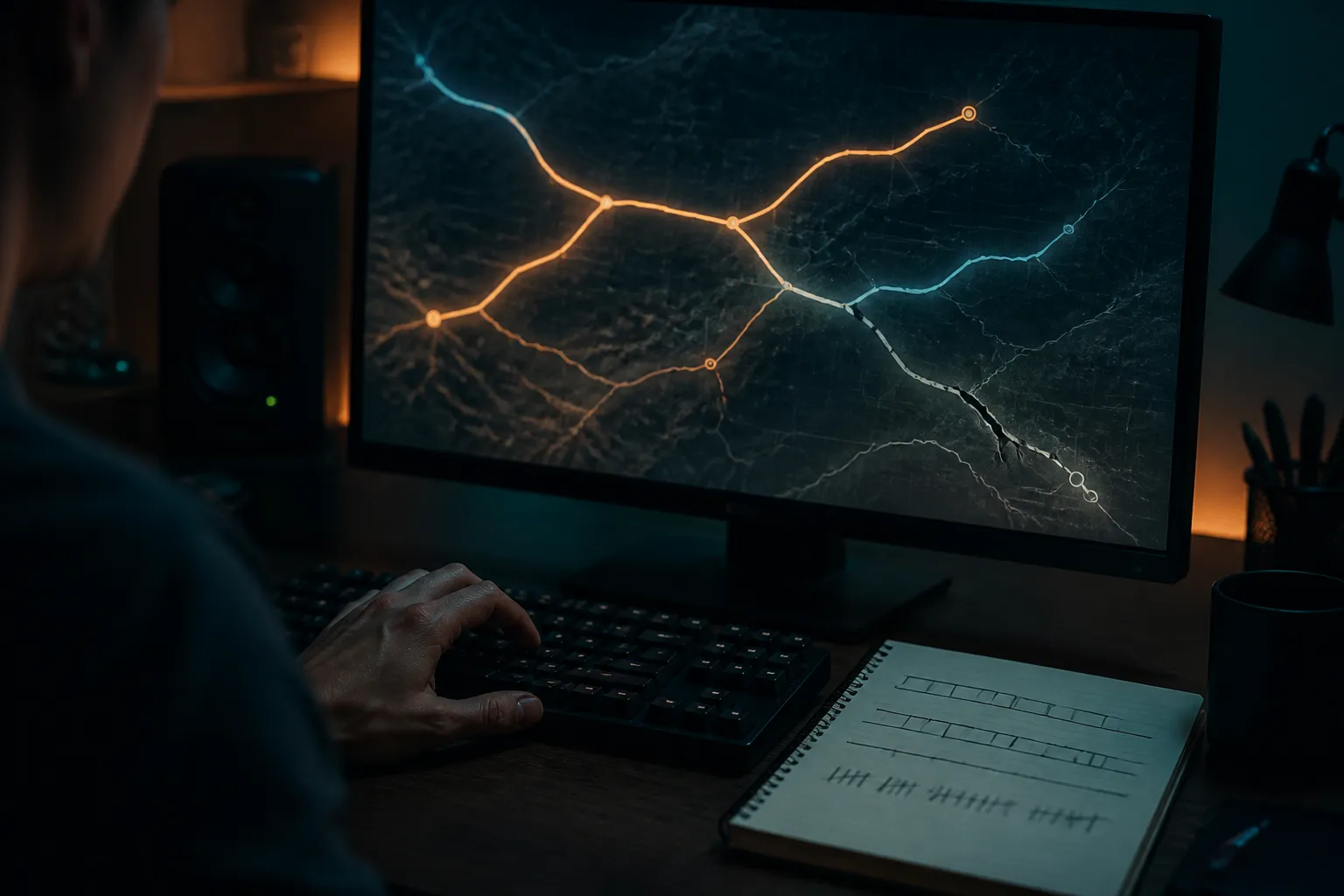 A dim desk with a monitor displaying a glowing route map, one branch cracked and dimmed, with a hand poised over a keyboard and sketched timing notes beside it.