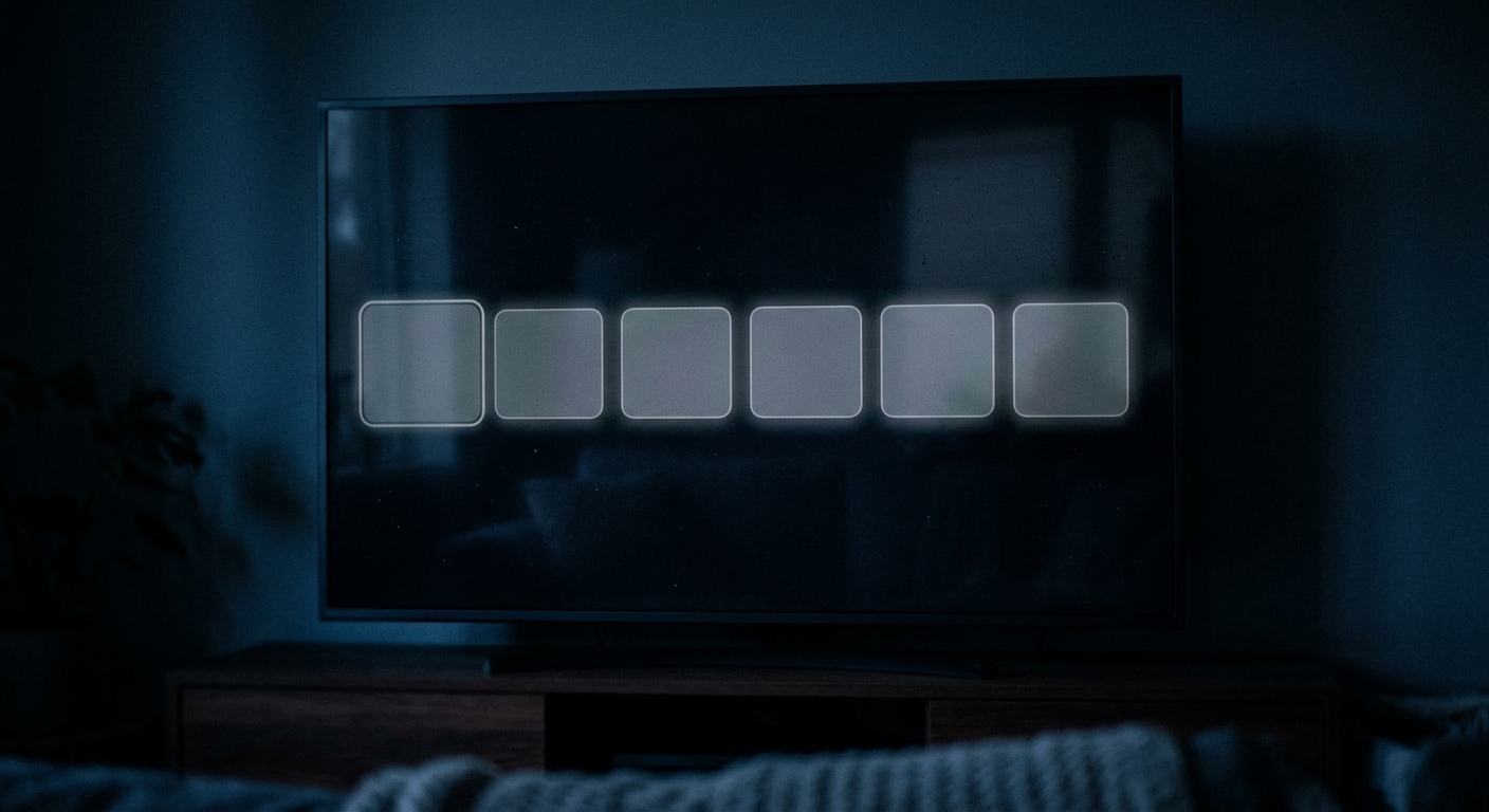A darkened TV screen displaying six empty gray placeholder slots in a game library interface, lit by cold blue ambient light, symbolizing games quietly removed from a subscription service