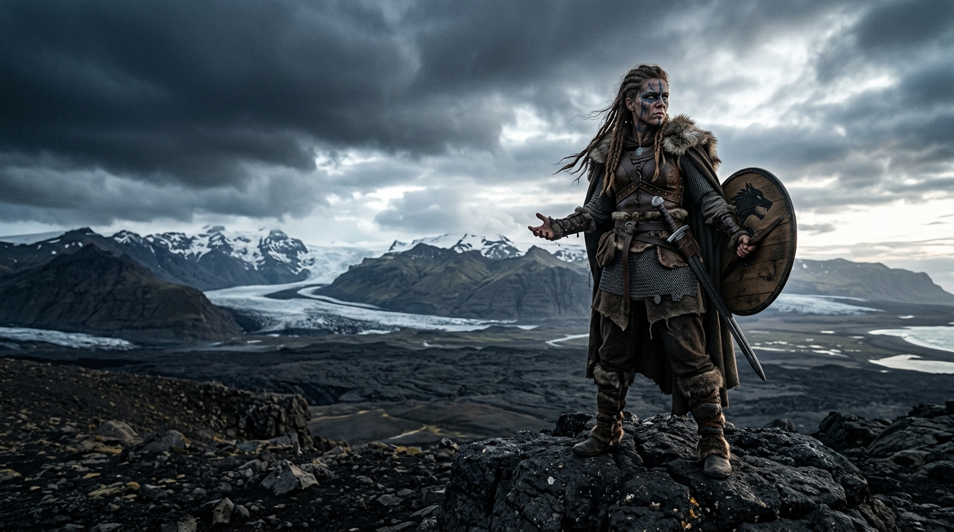 A lone Celtic warrior woman stands resolute against a vast storm-lit Icelandic volcanic landscape at dawn, her braided hair and woad-painted face caught in dramatic amber rim light against churning violet clouds over black basalt fields