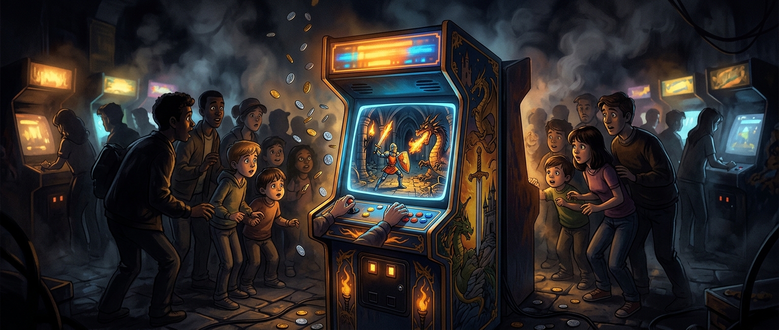 A glowing Dragon's Lair arcade cabinet dominates a dark 1983 arcade hall, its screen blazing with hand-drawn animated fantasy imagery while silhouetted players crowd around it and coins tumble through dramatic amber and blue light.