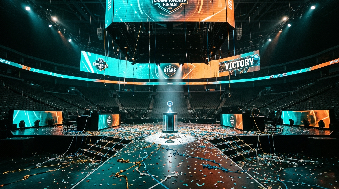 Empty esports arena stage with confetti on the floor and a glowing championship trophy on a podium under dramatic colored stage lighting