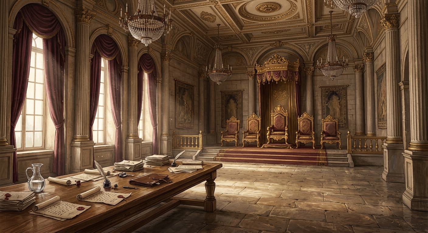 An empty gilded throne room with documents and inkwells scattered across a long table, pale light streaming through tall arched windows onto a raised dais