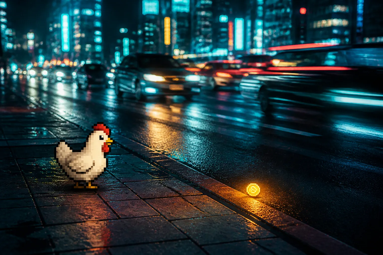A chicken waits calmly on a safe curb while fast traffic streams past and a glowing coin lies one step into a risky lane, illustrating the choice between grabbing a bonus pickup and protecting a clean run.