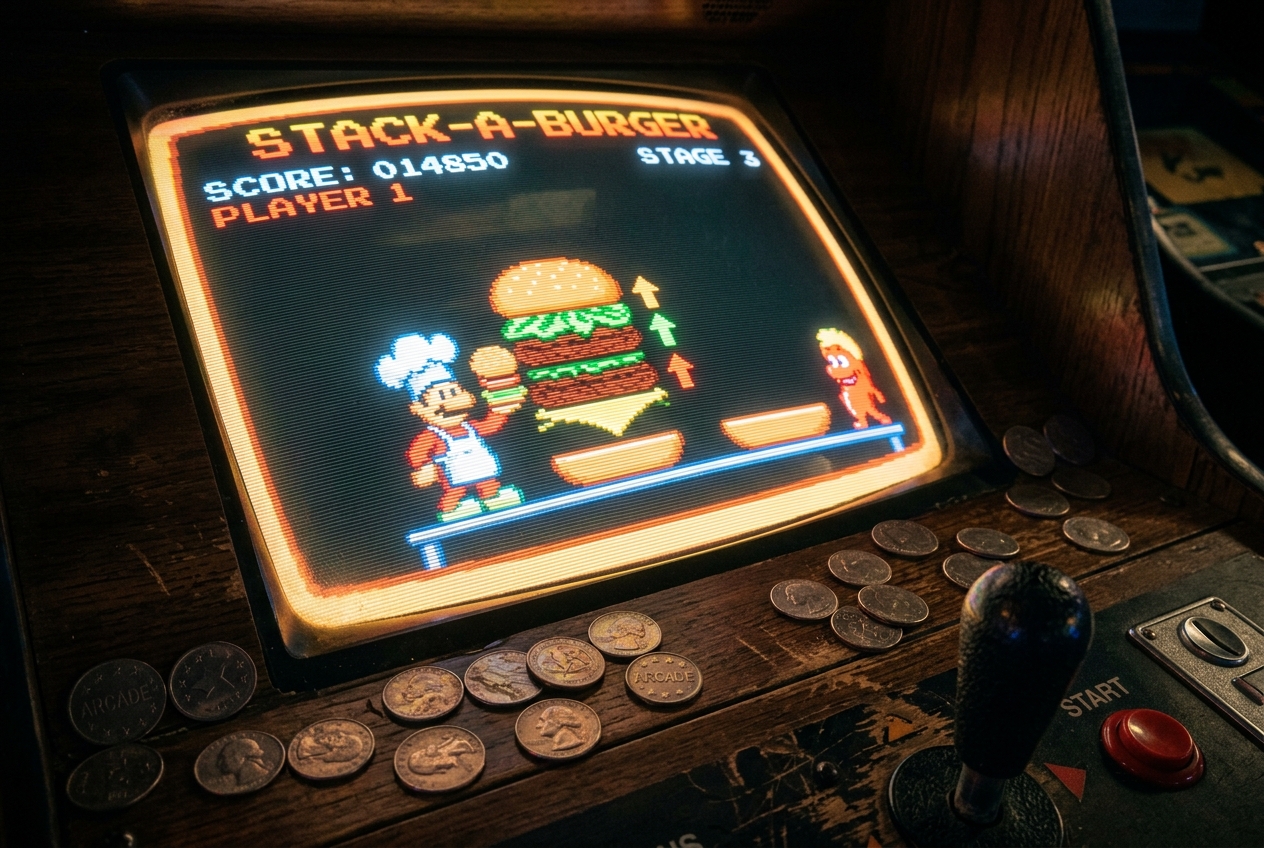 A glowing CRT arcade screen showing colorful pixel art gameplay with visible scanlines, quarters and tokens scattered around the cabinet, joystick in foreground