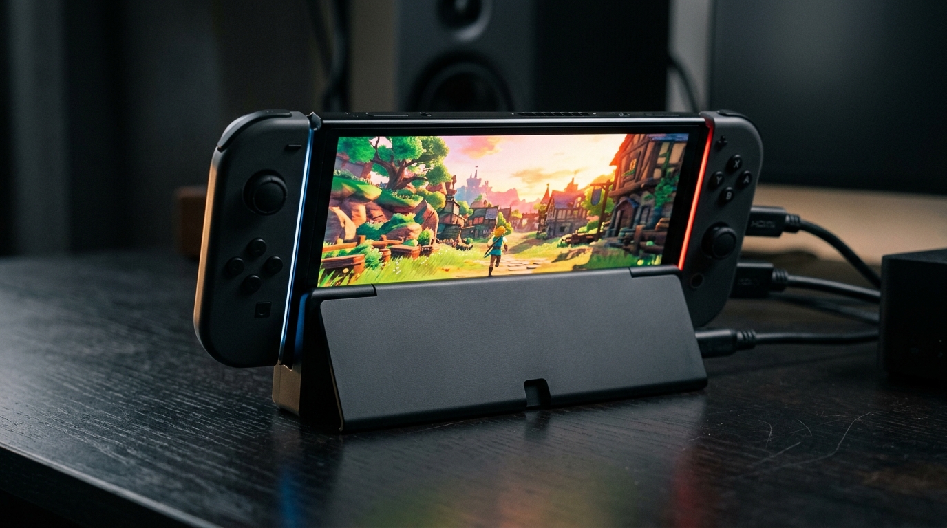 The Nintendo Switch 2 sits in its dock with magnetic Joy-Con controllers attached and its wide kickstand extended, bathed in dramatic studio light against a dark background.