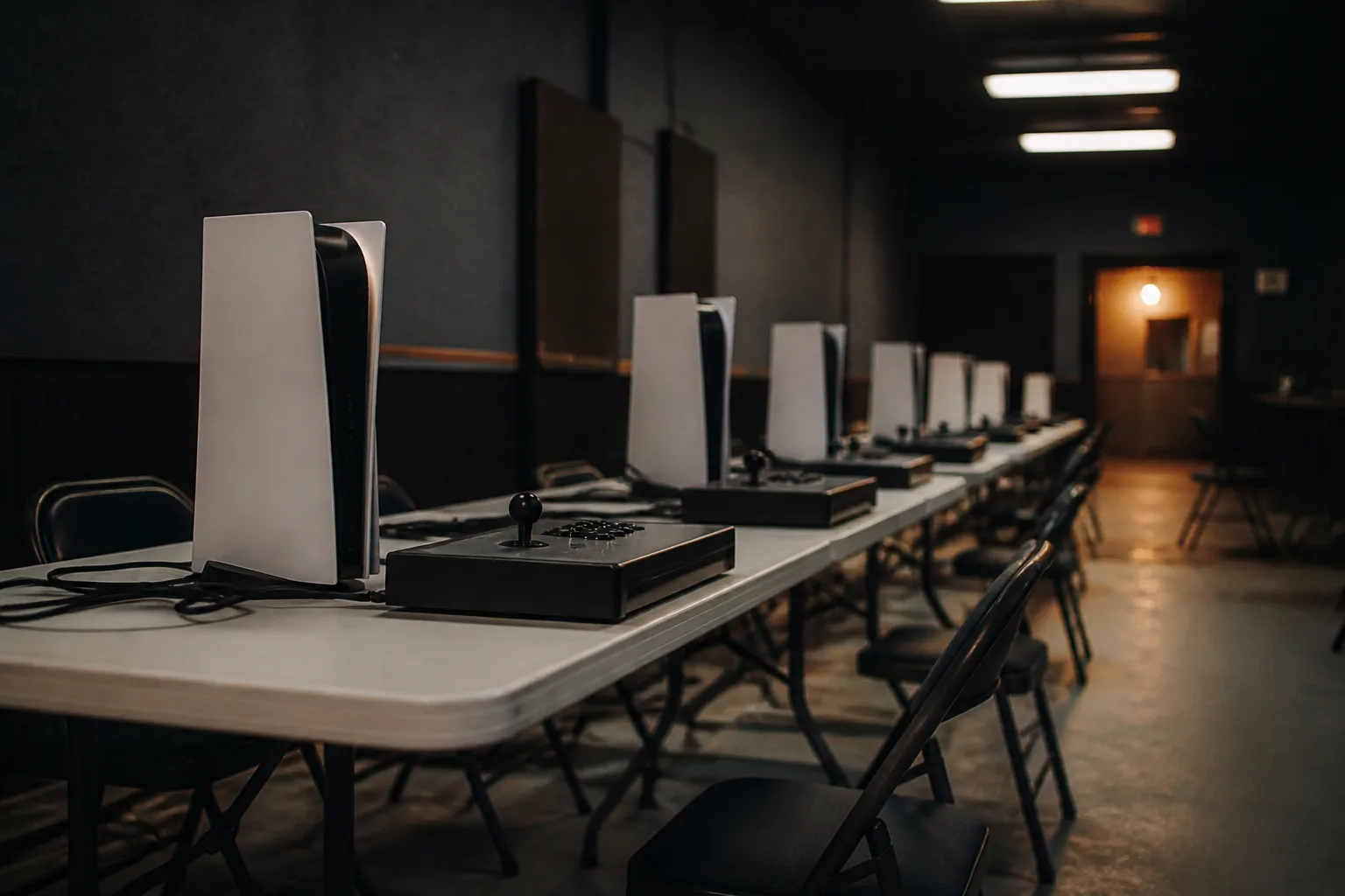 Empty folding tables with PS5 consoles and arcade sticks lined up after a local bracket night, cables coiled and chairs left empty under soft overhead light.