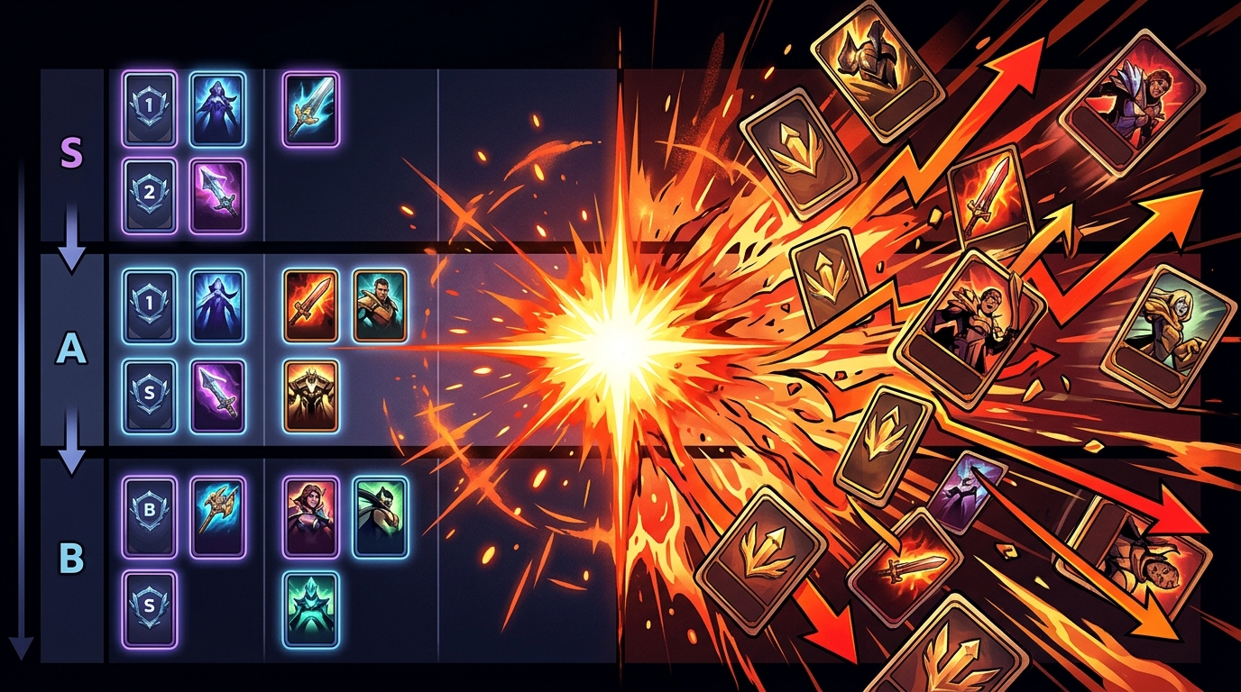 A split editorial illustration showing a stable meta tier list on the left dissolving into dynamic flux on the right, with a glowing fracture point at the center marking the turning point of competitive upheaval.