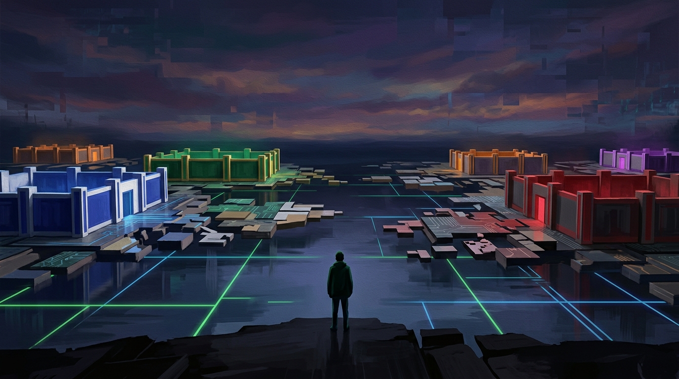 A lone figure stands at the edge of a fractured digital landscape, facing a distant horizon dotted with glowing walled enclosures, their reflections shimmering in dark still water below.