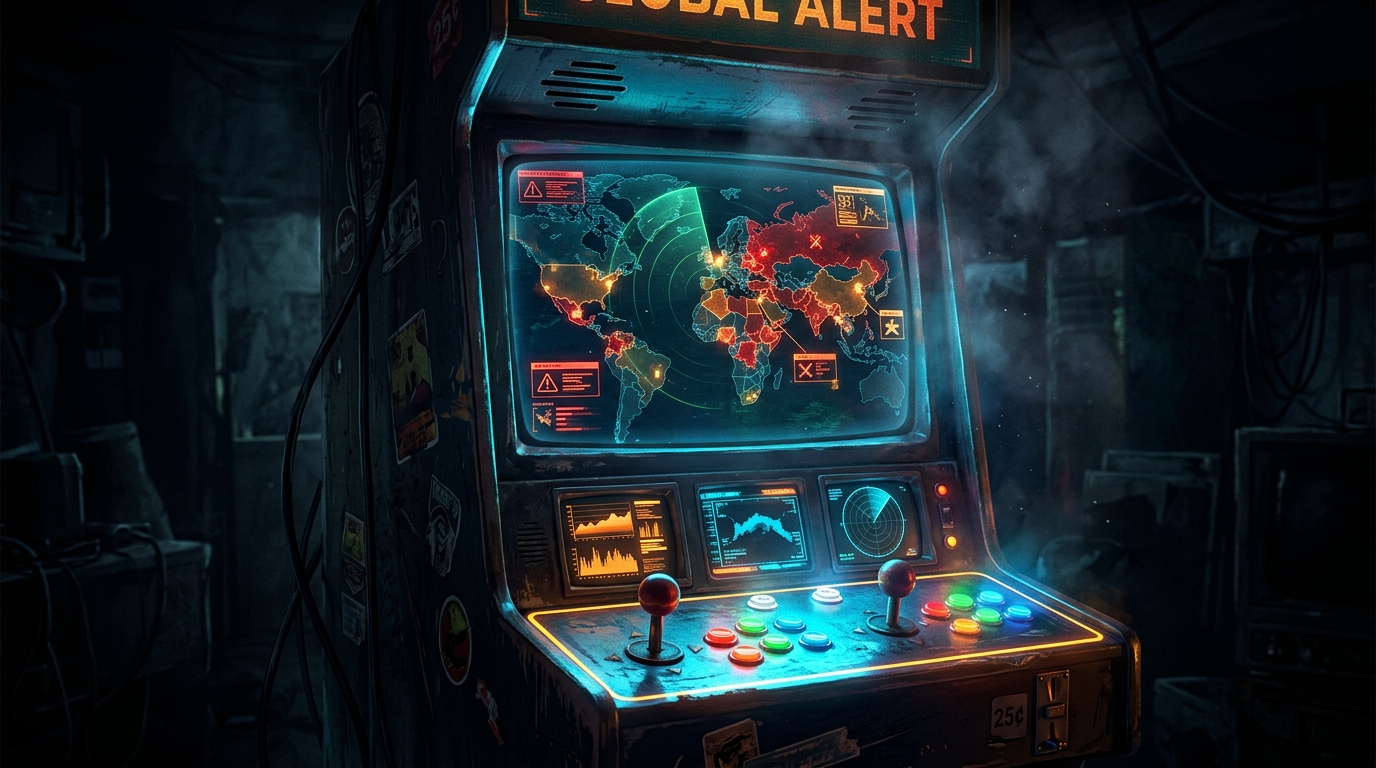 A glowing vintage arcade cabinet stands in darkness, its flickering screens casting urgent amber and blue light across the room.