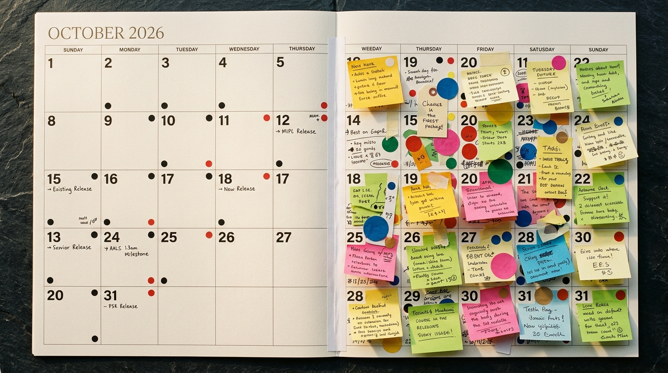 A flat-lay calendar for October 2026 photographed from above, its left half open and uncrowded while its right half is overwhelmed with overlapping colored notes and stickers marking a dense two-week cluster of launch dates, split by a visible center seam.
