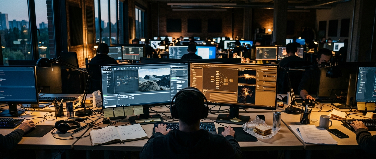 A game developer's dual-monitor workstation glowing in a darkened studio bullpen, showing two competing engine editor interfaces side by side during a forced migration workflow, surrounded by the clutter of a long crunch session