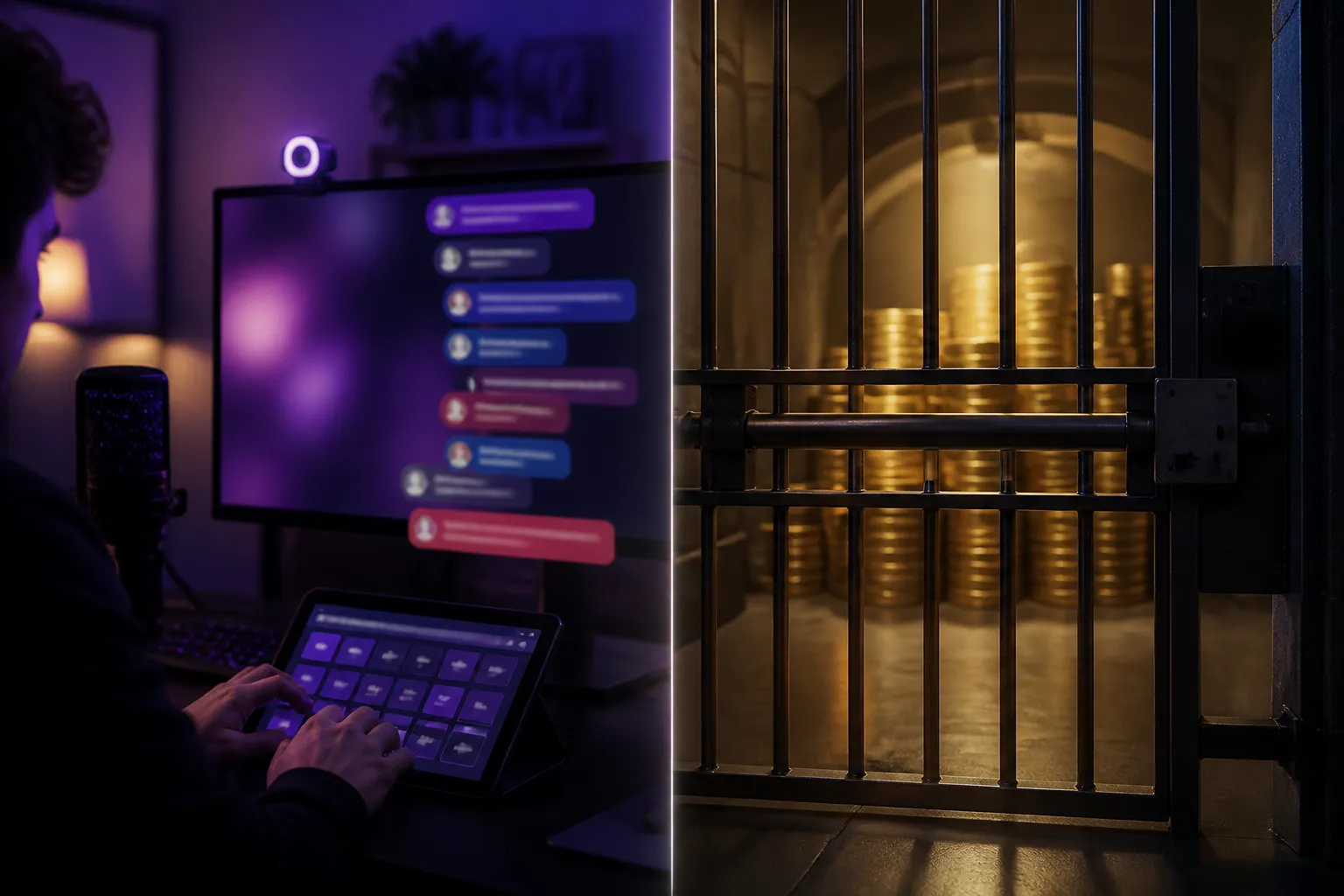 Split scene of a small streamer's night desk with glowing chat bubbles on one side and a locked turnstile before a gold coin glow on the other, showing participation open while cash payout remains gated.