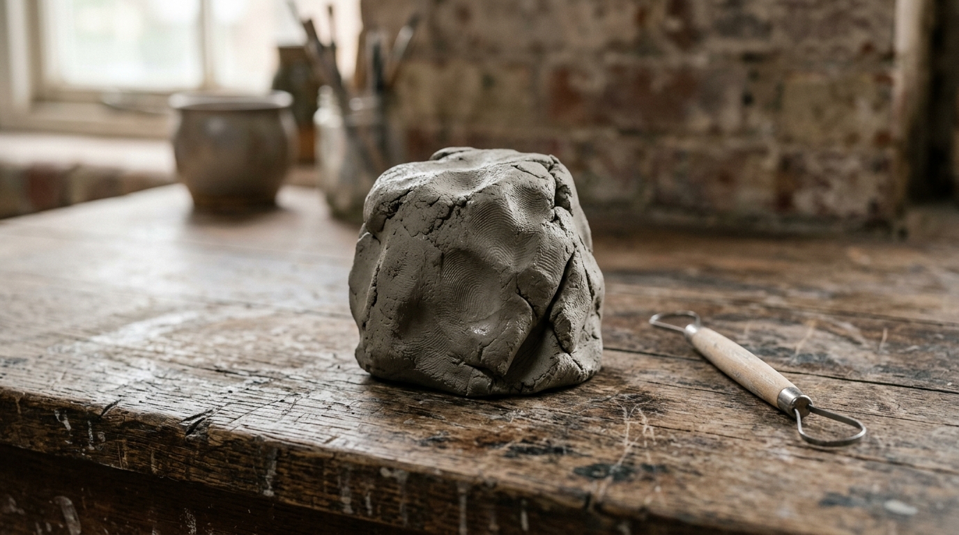 Raw gray clay and a wire sculpting tool on a wooden workbench, unformed and waiting.