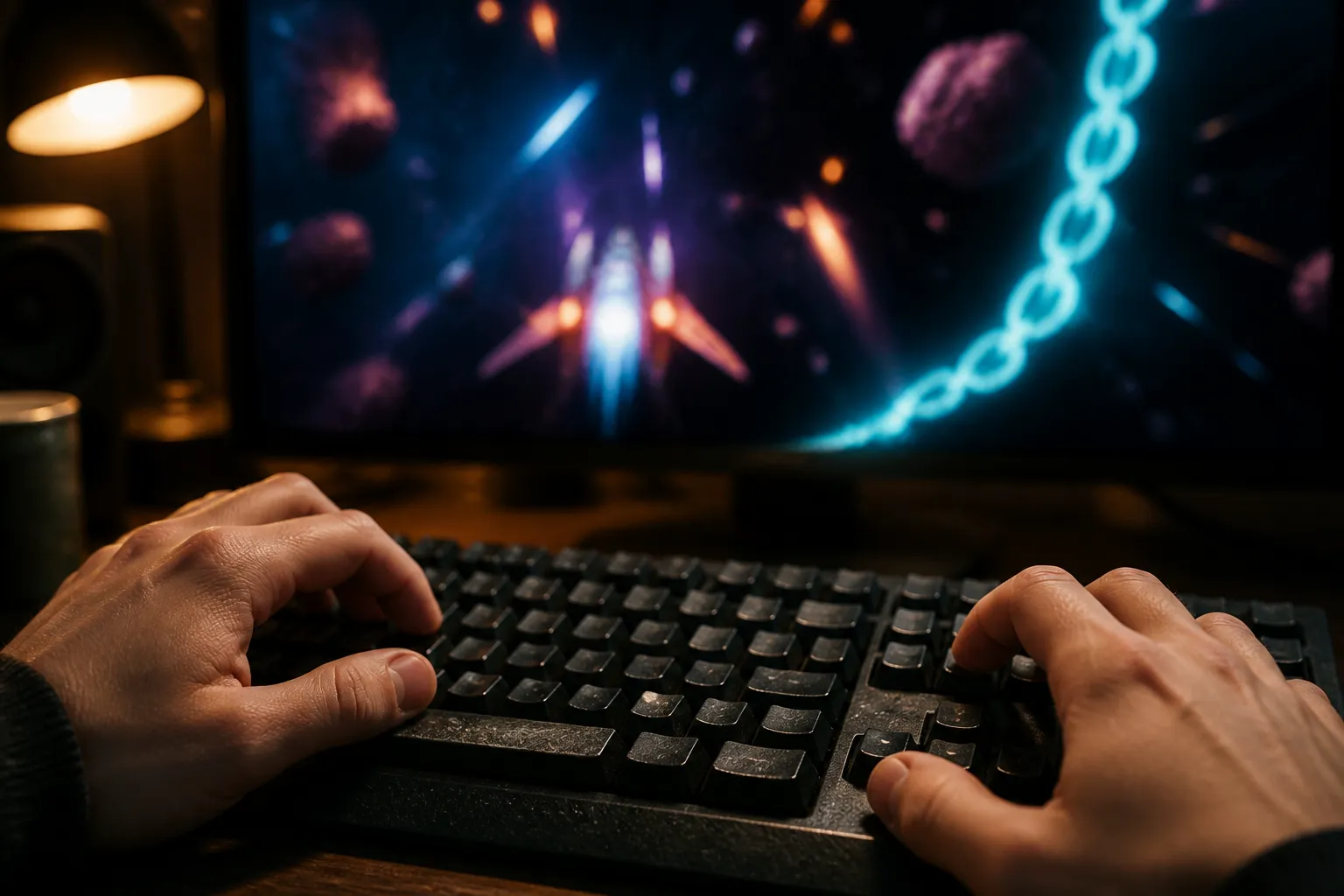Close-up of a player's hands poised over a keyboard's arrow keys and spacebar, with a blurred monitor glowing behind them and abstract neon chain shapes and a light trail on the screen.
