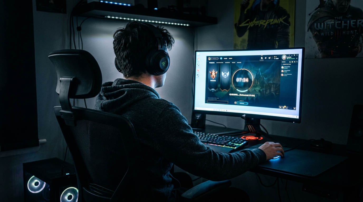 A lone player seen from behind sits in a darkened room, their monitor casting a soft blue glow across their shoulders as Deadlock's open beta queue loads on launch day