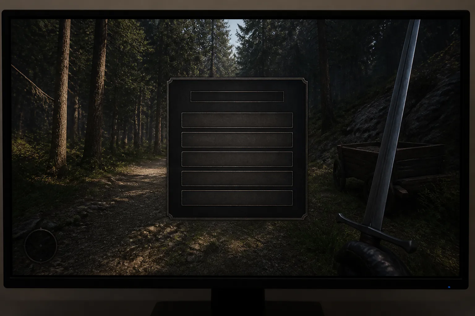 A paused fantasy game scene on a monitor showing a blank, unlabeled menu panel with no visible save instructions, suggesting the need to verify options in the game itself.