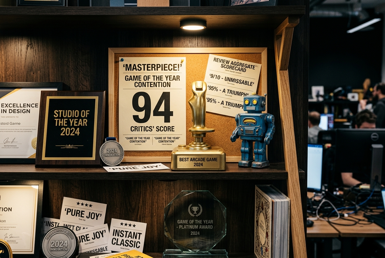 A golden joystick trophy and a printed 94 score card displayed on a shelf alongside a Studio of the Year 2024 plaque and a small blue robot figurine, photographed in sharp editorial lighting