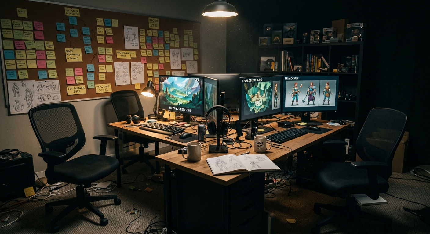 An abandoned game development studio with glowing monitors showing unfinished concept art, empty chairs, and design notes pinned to walls, bathed in dim, melancholic light