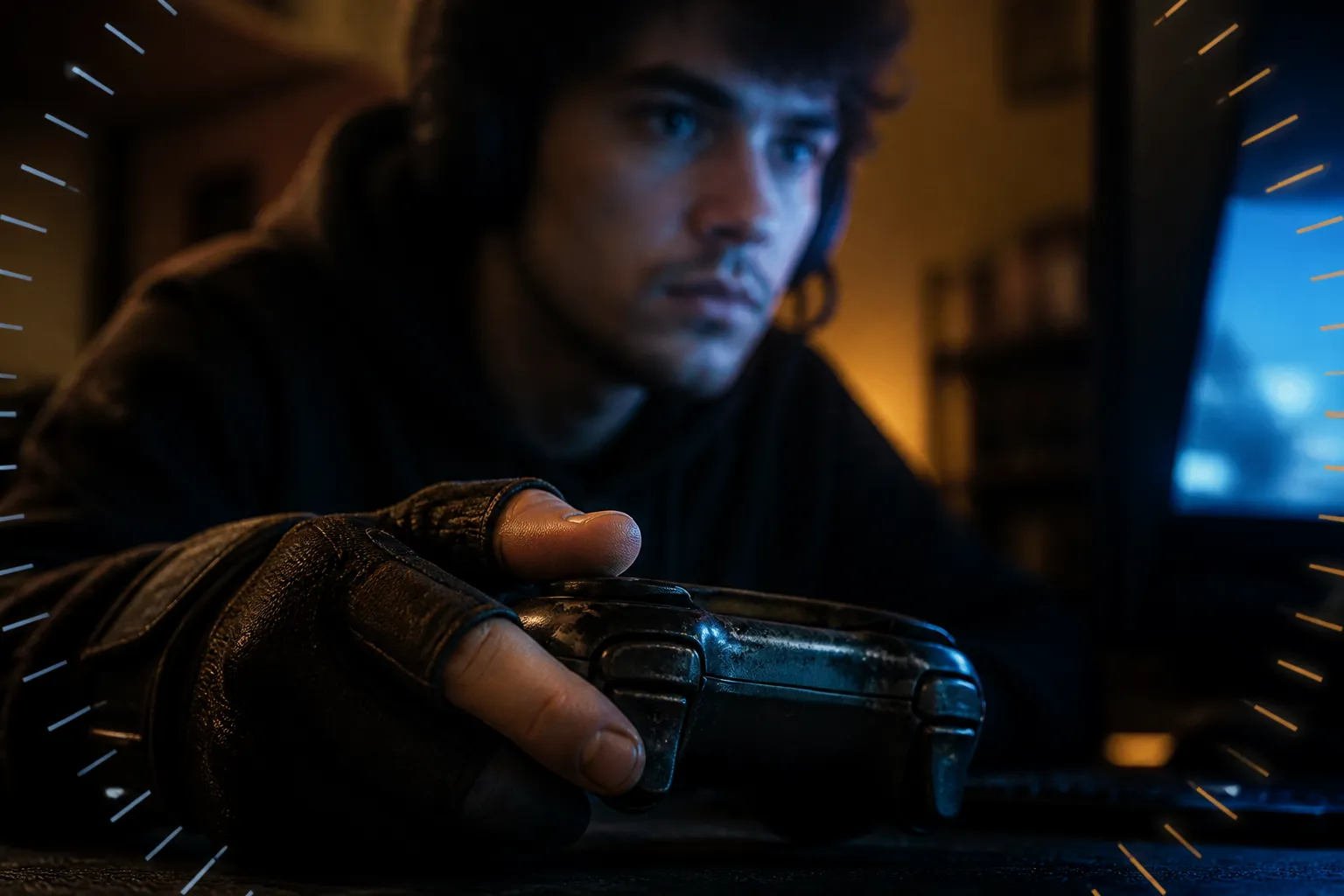 Close-up of a player's hand hovering over a controller under soft monitor light, suggesting a tense moment of waiting between enemy arrivals.