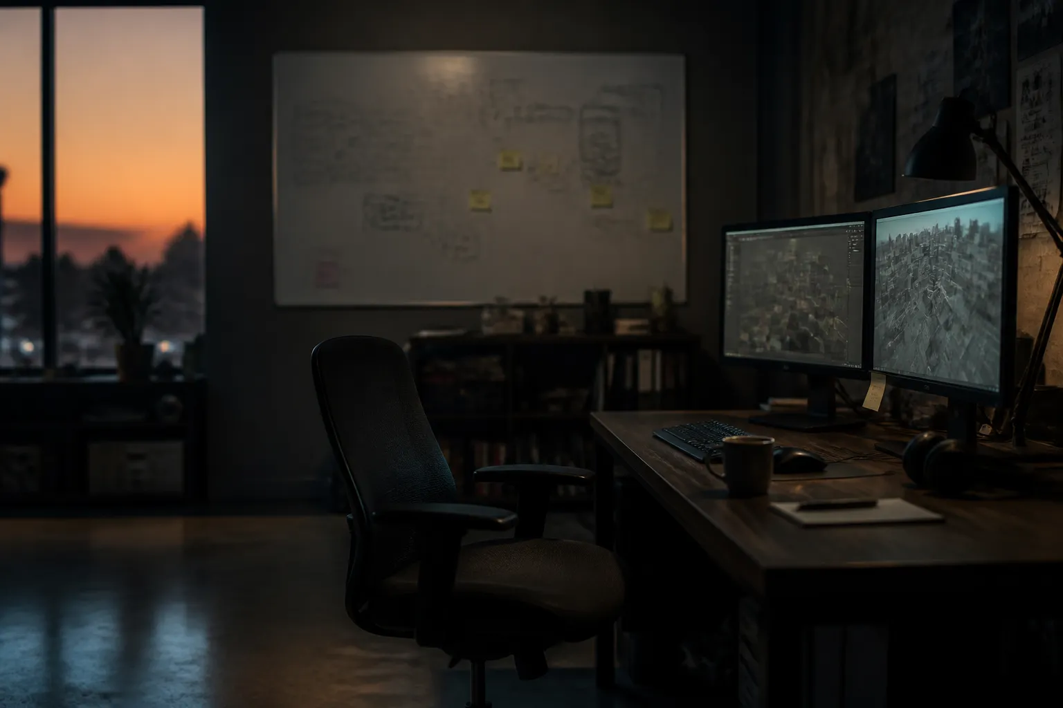 A dim game development desk at dusk with an empty chair and soft window light, suggesting the quiet uncertainty facing workers in the games industry.
