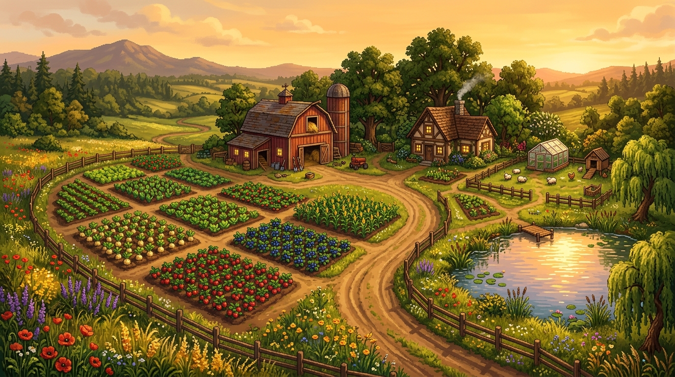 A lush painterly farm with colorful crop rows, a red barn, farmhouse, and glittering pond bathed in golden-hour light