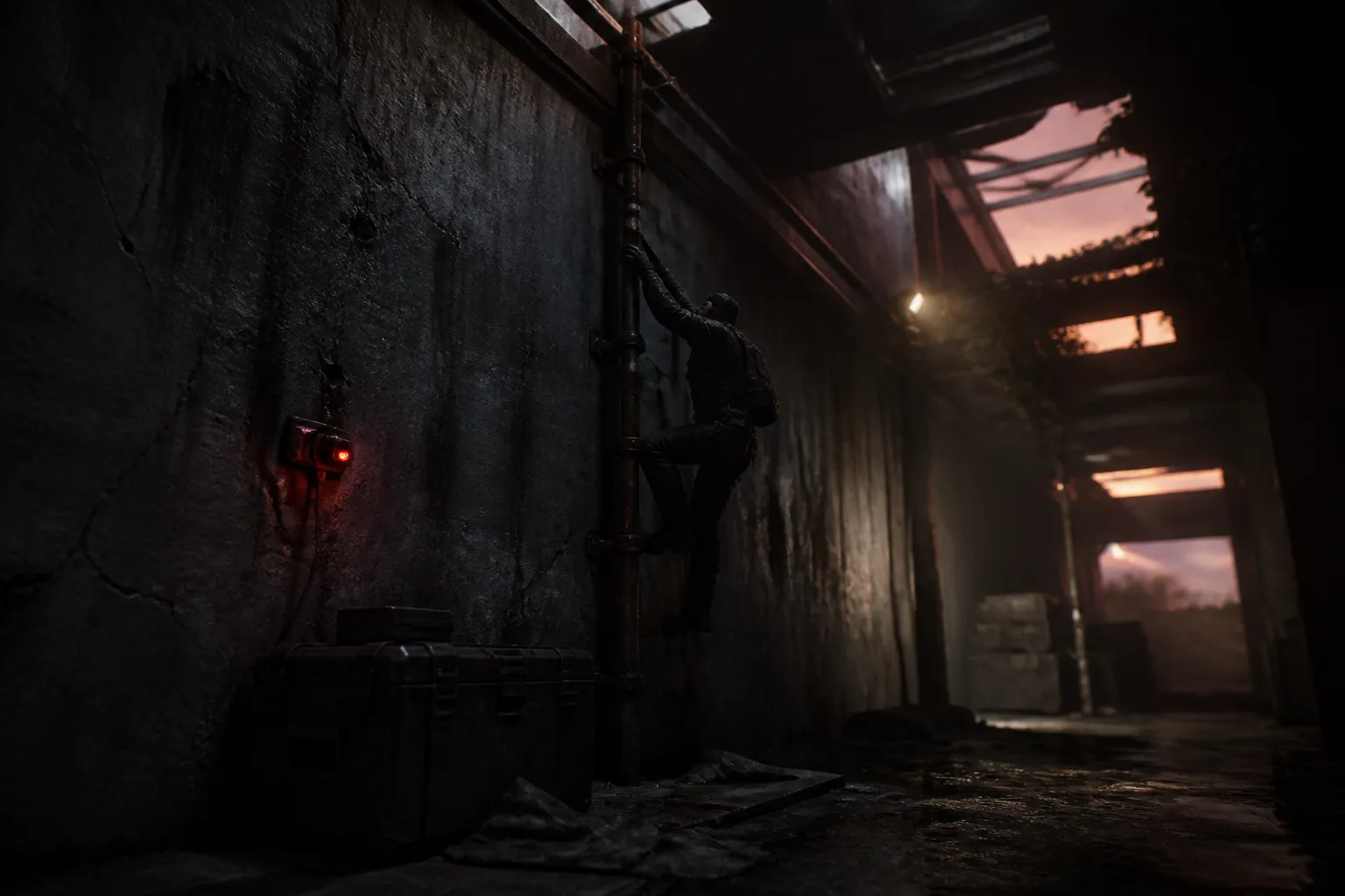 A wide view of a dusty industrial corridor where a wall-mounted mine and stacked crates have been repurposed into a climbing route, with a lone figure reaching toward a high ledge in dim, slanted light.