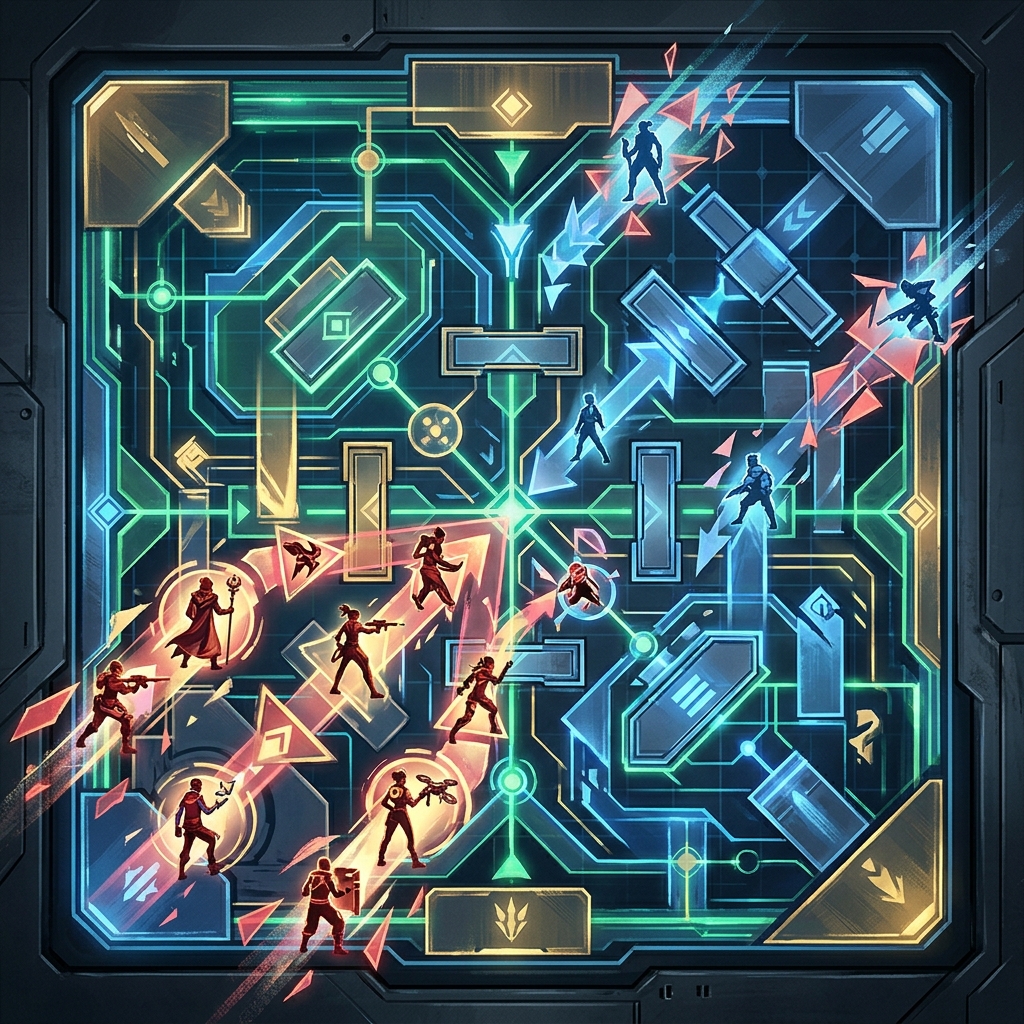 Overhead tactical grid illustration showing diverse Southeast Asian agent compositions outmaneuvering established Pacific region formations, rendered in Indonesian red-gold and Filipino blue-white tones against steel-blue backgrounds