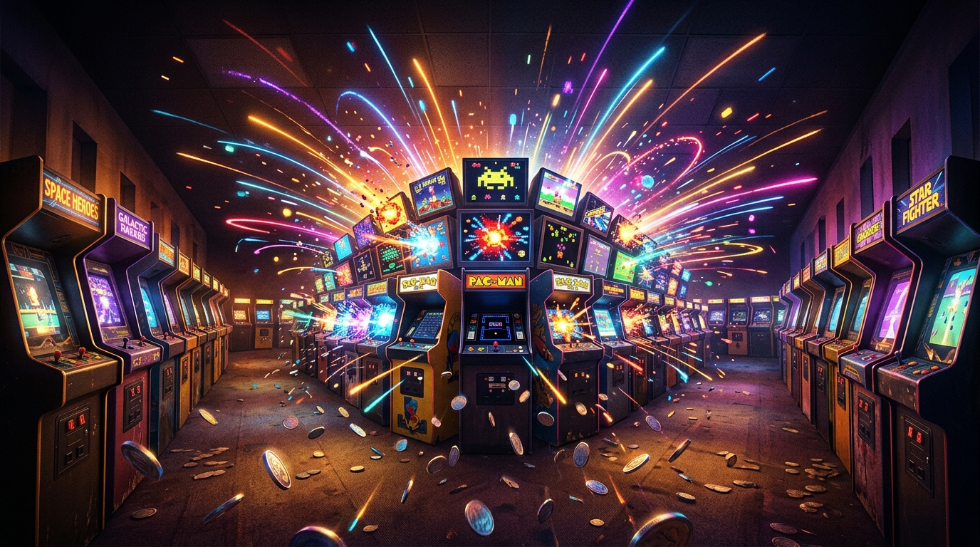 A row of arcade cabinets lighting up simultaneously in a dark hall, neon colors bursting from screens with coins flying through the air