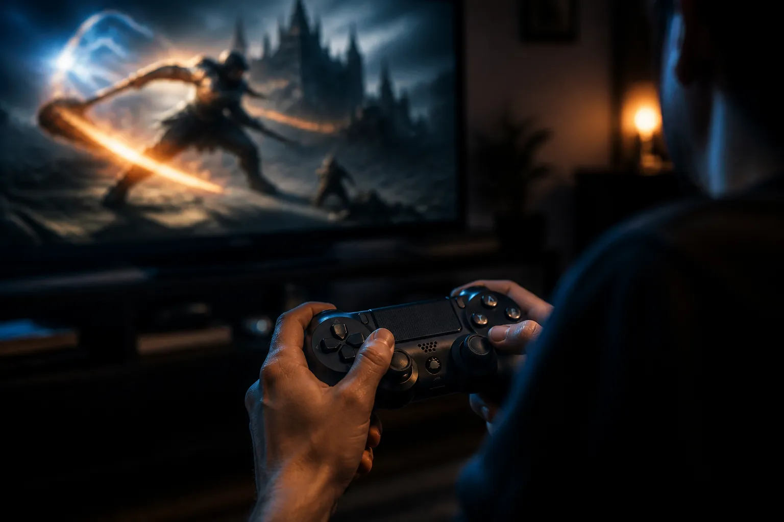 Close view of a player's thumb hovering over a controller while a dramatic battle unfolds on a screen behind them, capturing the split-second choice between dodging and parrying.