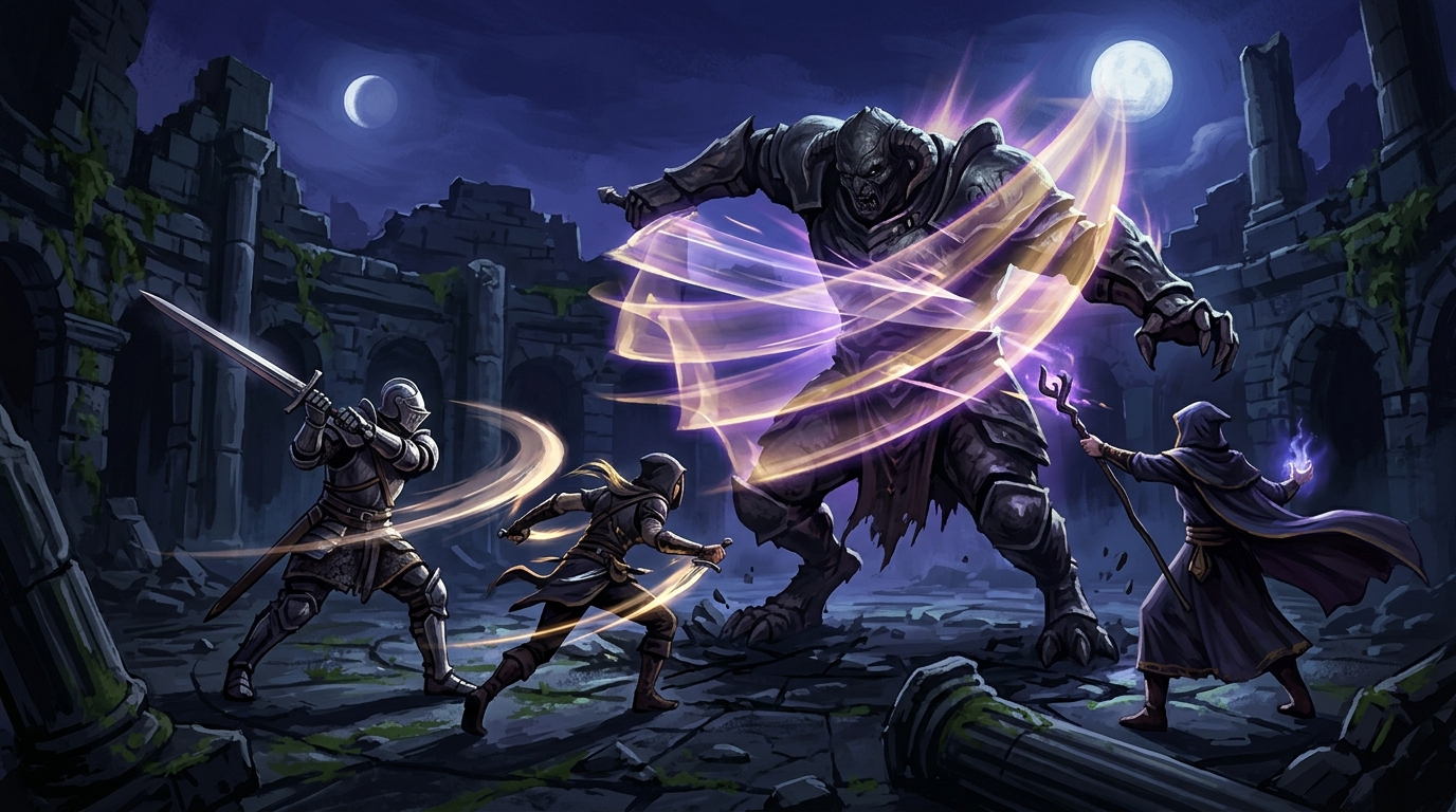 A massive dark fantasy boss staggers in a ruined arena as a spectral echo of weapon strikes radiates outward in waves of violet and gold light, with three fighters in close formation under a deep indigo night sky.