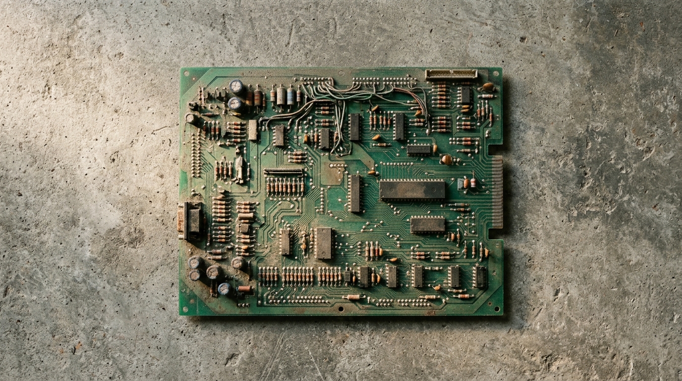 A dusty arcade circuit board resting on a concrete floor, lit by harsh sidelight that traces every solder joint and oxidized copper line in warm industrial shadow.