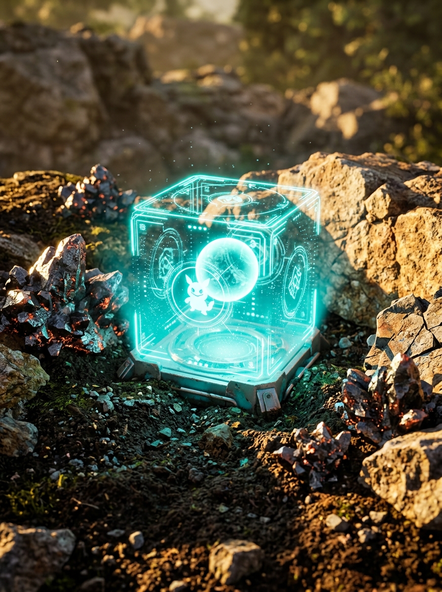 A glowing Palbox anchored in flat terrain surrounded by iron ore nodes and rocky ground in warm afternoon light